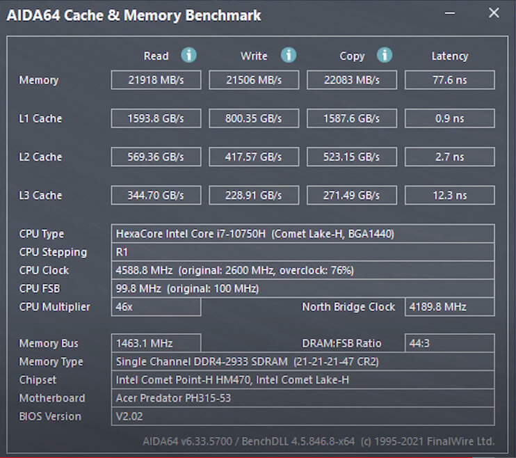 Aida64 Notebook Gamer TOP! Acer Predator Helios 300 i7 10750H RTX 2070 Review_An